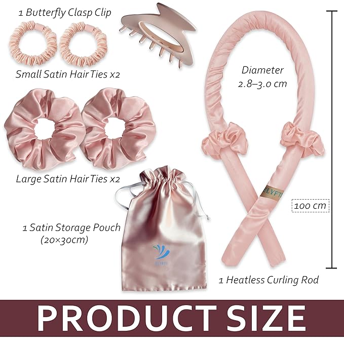 Heatless Curlers, No Heat Curls Overnight, Pink Satin Flexi Rod with 6pcs Heatless Curling Set, 2 Scrunchies, 2 Hair Ties, Carry Pouch, Clip for Overnight Hair Curlers, All Type Hairs