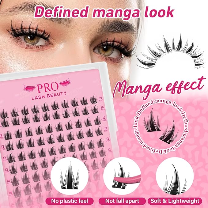 PROLASHBEAUTY Manga Lash Clusters Kit Anime Lash Clusters Volume Fairy Ultra-Thin Band Spike Lashes with Lash Bond and Seal Applictor Remover (Anime,10-18mix)