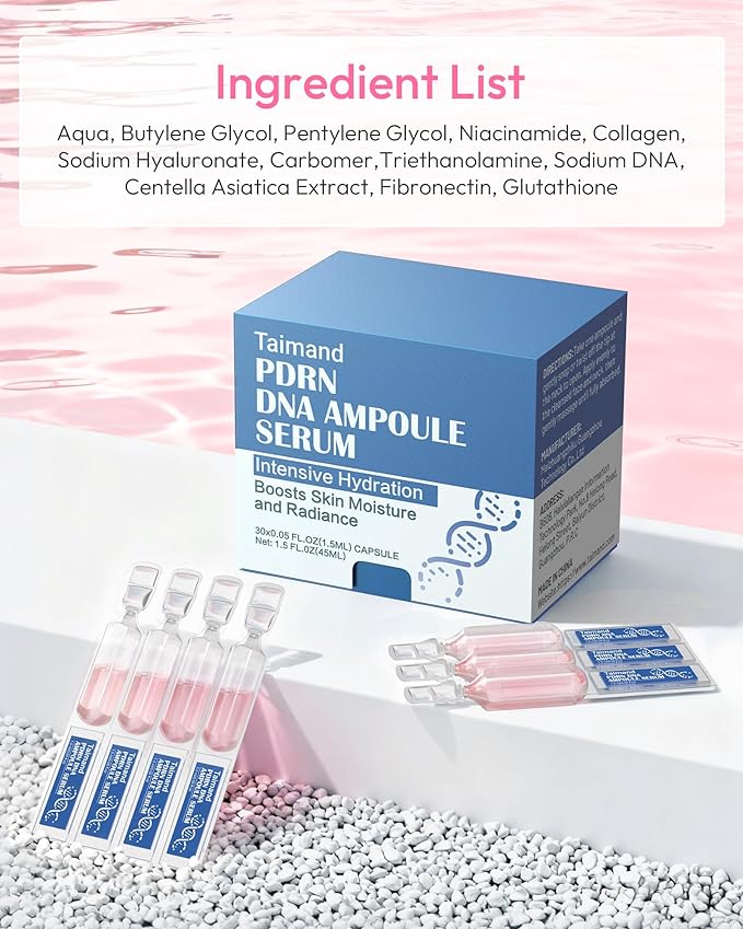 Salmon DNA PDRN Anti-Aging Serum, PDRN Intensive Ampoule, Pre-makeup Skincare, Collagen, Glutathione, Niacinamide & Hyaluronic Acids, Ultra Hydrating Serum, Improves Skin Radiance, 0.05 fl.oz x 30e