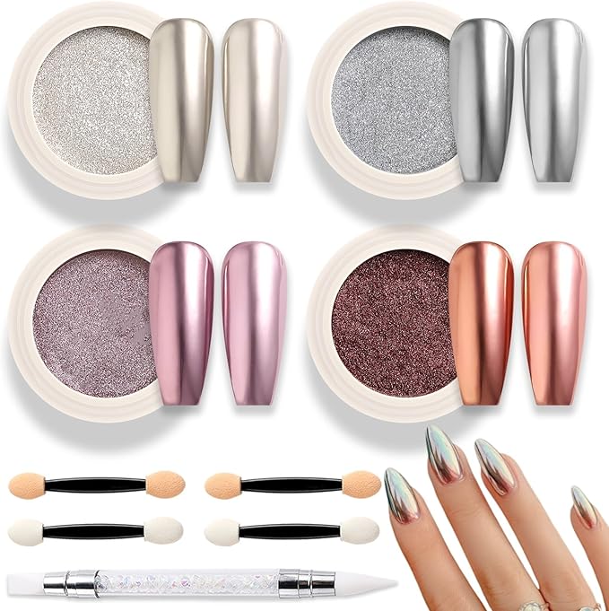 SUTOKAKA 4 Color Chrome Nail Powder Set Holographic Metallic Mirror Effect Nail Chrome Glitter Holographic Iridescent Glazed Donut Nail Dust Manicure Pigment for DIY Nail Art Design