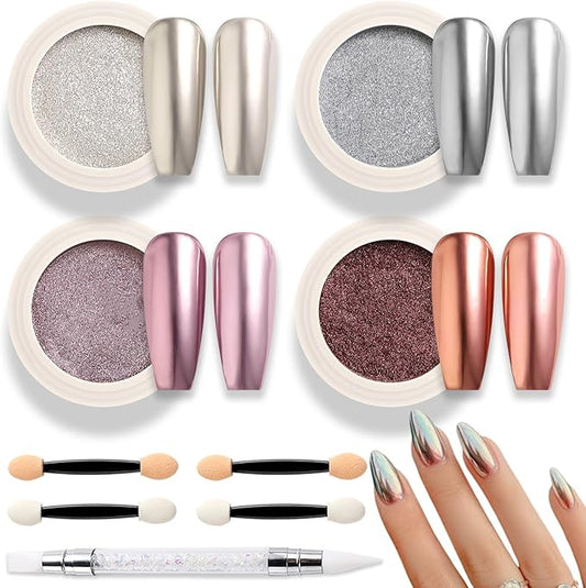 SUTOKAKA 4 Color Chrome Nail Powder Set Holographic Metallic Mirror Effect Nail Chrome Glitter Holographic Iridescent Glazed Donut Nail Dust Manicure Pigment for DIY Nail Art Design