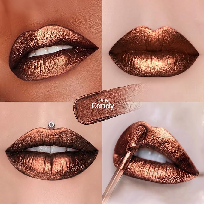 Depuplum Chocolate Lipsticks for Women Metallic Lipstick Long Lasting Non Stick Cup Lip Gloss, Shimmer Lightweight Hydrating Full Coverage Lip Color, DP109 Candy