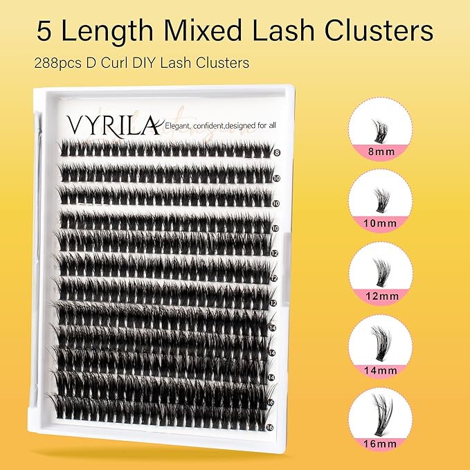 VYRILA Lash Clusters 8-16mm, False Eyelashes 288pcs, Cluster Eyelash Extensions Matte Black Soft, Diy Lash Extensions D Curl Natural Lash Clusters Faux Mink Lashes Wispy（Pizazz,288pcs,0.07,D,8-16MIX)