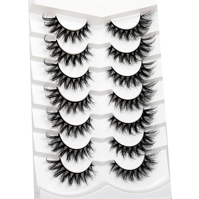 Pooplunch False Eyelashes Cat Eye Look 8D Crossed Wispy Natural Volume Faux Mink Lashes Fake Eyelashes Strips 7 Pairs Pack