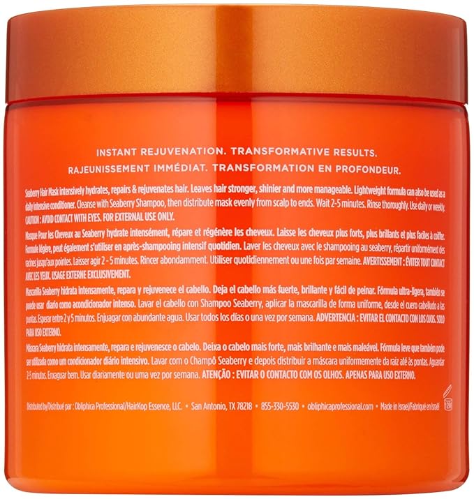 Obliphica Seaberry Hair Mask - Deep Conditioning Hydrating Treatment for Dry and Damaged Hair - Fine, Frizzy, and Color-Treated Hair - 16.9 Ounces (Pack of 1)