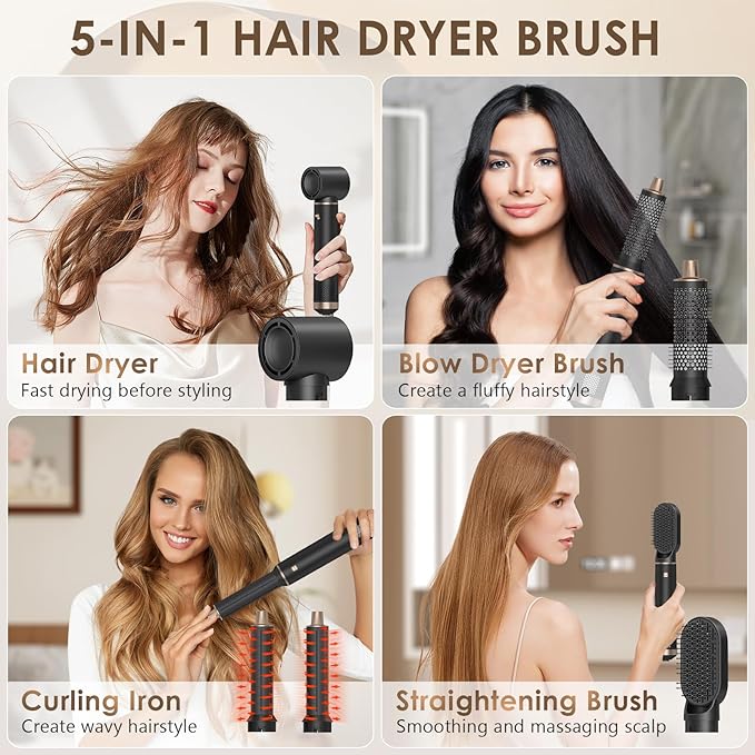 5 in 1 Blow Dryer Brush, Ionic Hair Dryer Brush Set, Detachable Hot Air Brush Air Auto Wrap Hair Styler, Powerful Hot Hair Styling Tools Set for Fast Drying, Curling, Smoothing, Straightening, 3 Temp