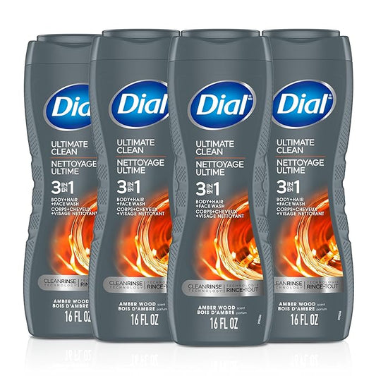 Dial Men 3 in 1 Body, Hair and Face Wash, Ultimate Clean, 16 Fl Oz, Pack of 4, Amber Woods Scent, Cleanses Deep + Gentle on Skin with Clean Rinse Technology