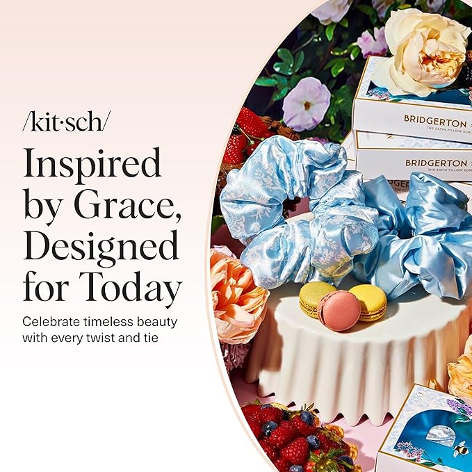 Bridgerton x Kitsch Satin Scrunchies for Women, No Snag, No Tugging, Soft & Comfortable Scrunchies for Girls, Perfect for Day or Night | Ideal Gifts for Women - Toile De Blue, 2pcs