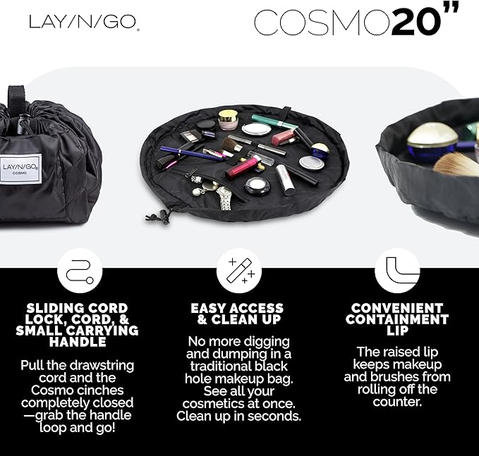 Lay-n-Go Cosmo Layflat Drawstring Cosmetic & Makeup Bag Organizer - Portable Drawstring Bag w/Zipper Pocket, Makeup Loops & More - Durable, Machine Washable Toiletry Bag for Travel (20", Black)