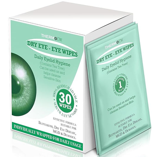 Eye Wipes for Dry Eyes - Tea Tree Eyelid Wipes Blepharitis, Tired, & Itchy Eyes - Tearless & Fragrance-Free Eye Cleaning Pads by ThermoDR - 30 Pcs
