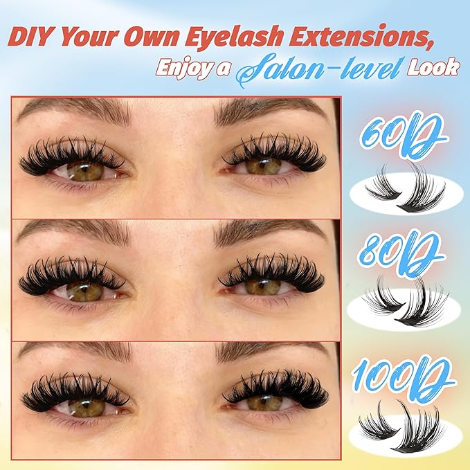 Fyonas Wispy Lash Clusters 60D+80D+100D Spiky Volume Cluster Eyelash Extensions with Spikes 300Pcs D Curl Thick Fluffy Eyelash Clusters 10-18mm DIY Manga Individual Lashes (Cactus Bloom)