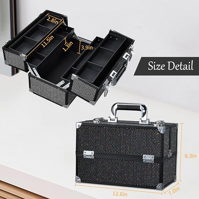 Joligrace Makeup Train Case Professional Cosmetic Organizer Aluminum Storage Box with 4 Adjustable Dividers Trays Lockable Portable with Shoulder Strap