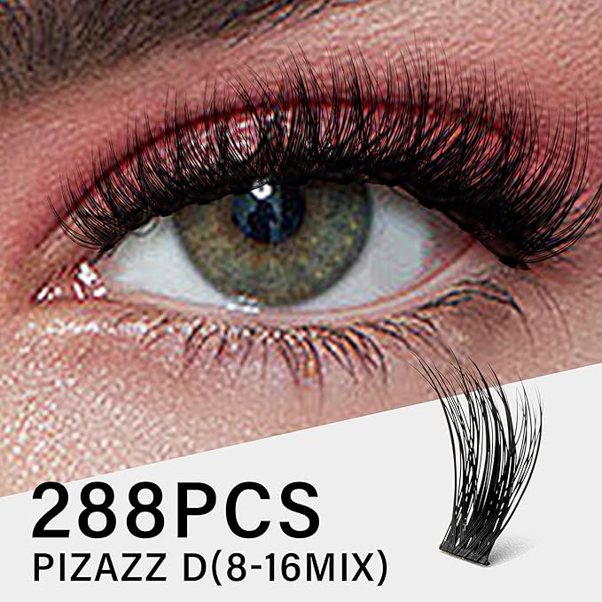 VYRILA Lash Clusters 8-16mm, False Eyelashes 288pcs, Cluster Eyelash Extensions Matte Black Soft, Diy Lash Extensions D Curl Natural Lash Clusters Faux Mink Lashes Wispy（Pizazz,288pcs,0.07,D,8-16MIX)