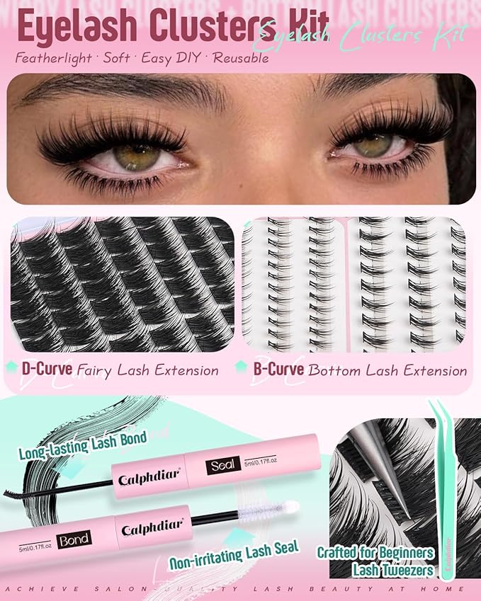 calphdiar Wispy Lash Clusters with Bottom Lashes Extension Kit Spiky Eyelash Clusters Kit Fairy Cluster Eyelash Extensions 10-18mm Lash Clusters Kit 184PCS Natural Individual Lashes with Bond and Seal
