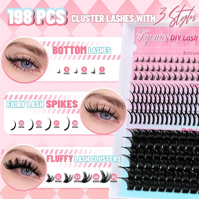 Fyonas Lash Clusters Volume Cluster Eyelashes Fluffy Thick Individual Lashes 12-18mm with Spikes 13-19mm DIY Eyelash Extensions with Natural Bottom Lashes 198Pcs (Mix02)