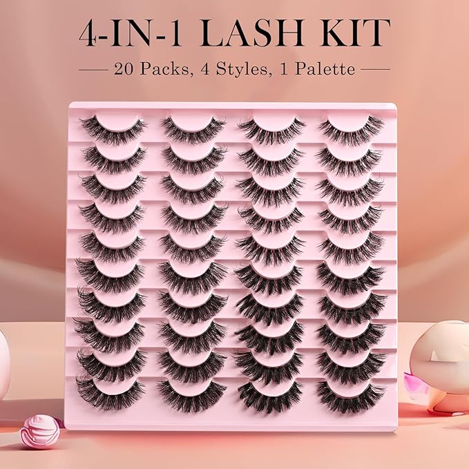 Lashes Wispy False Eyelashes 4 Styles Cat Eye Strip Lash Natural Look 20 Pairs Fake Mink Eyelash Pack Short Fluffy Lashes Strips that Look Like Extensions Wispies Clear Band Pestañas Postizas