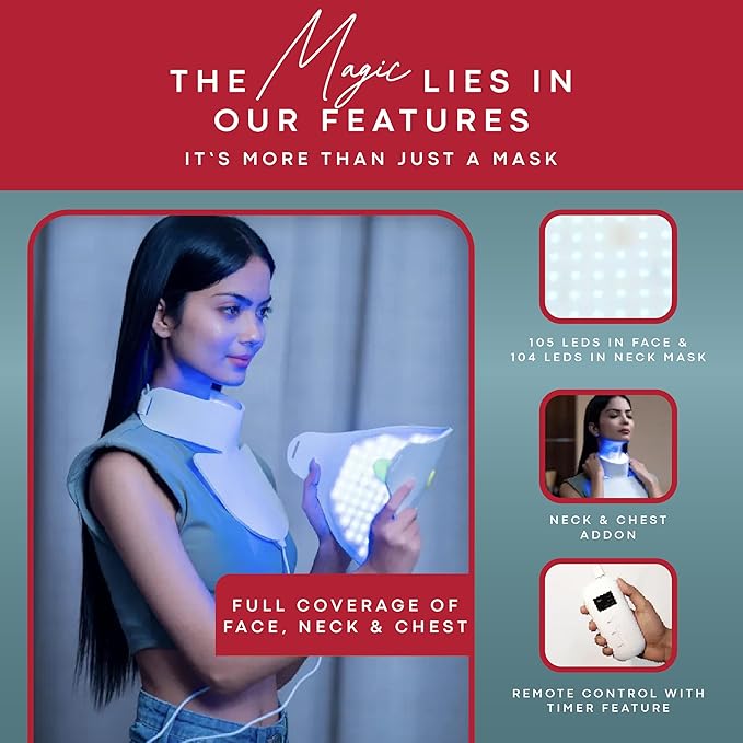 Red Light Therapy Mask for Face & Neck – FSA Eligible - 7-Color LED Face Mask with 209 Lights (630nm & 470nm) – Rechargeable Silicone LED Light Therapy Device – Adjustable Fit