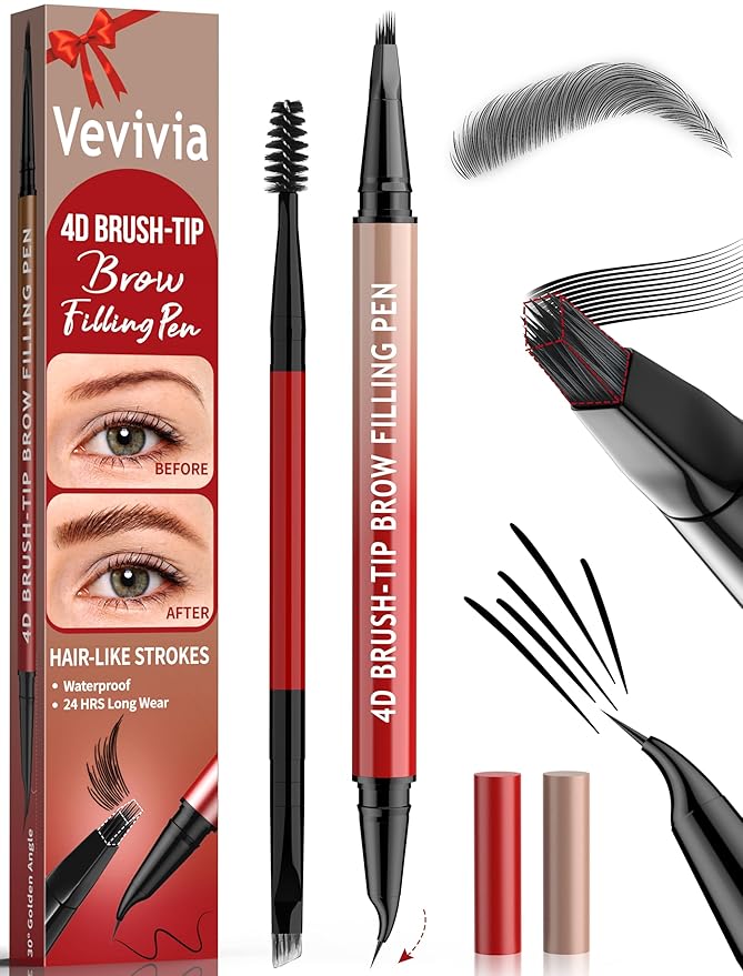 Vevivia Eyebrow Pencils for Women - Eyebrow Pen with 4D Brush-Tip & Curved Tip for Natural Fuller-Looking Brows, Precise Hair-Like Strokes for All Brow Types, Last All-Day Eyebrow Makeup, Black