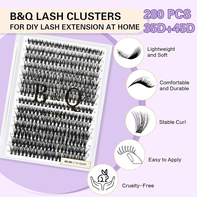 B&Qaugen Lash Clusters Individual Lashes Lash 280 PCS Eyelash Clusters False Eyelash Lash Extension Fluffy Natural Cluster Eyelash Extensions DIY Eyelash Extensions at Home (9-16 MIX, 35D+45D-C)