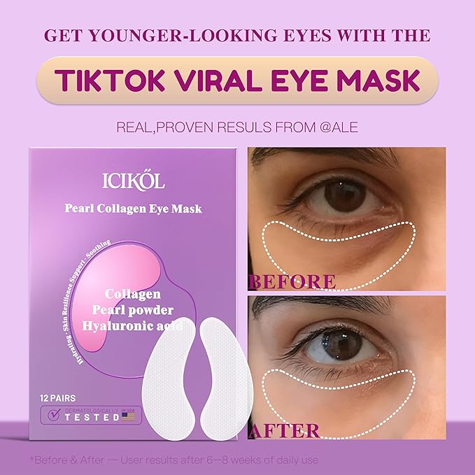 Collagen Under Eye Patches Mask - Undereye Patches for Dark Circles, Puffiness, Wrinkles - Gel Under Eye Patches, Birthday Gifts for Women - Gifts for Women - Vegan (12 Pairs, Pearl Powder)