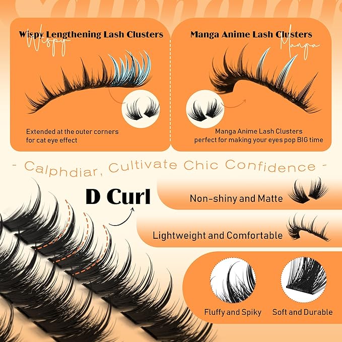 Calphdiar Manga Lash Clusters Natural Spiky Eyelash Clusters Wispy Cluster Eyelash Extensions 10 12 14 16mm Weightless Individual Lashes Long Lasting Cluster Lashes DIY Cat Eye Open Eye Looks