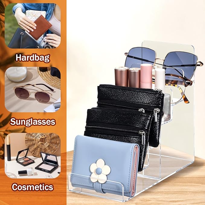 Giantree Acrylic Wallet Display Stand, 2 PCS 6 Tier Clear Purse Handbag Organizer Jewelry Riser Display Stand 7.8" Clear Multi Slot Counter Table Shelf for Cosmetic Perfume Sunglasses Handbag