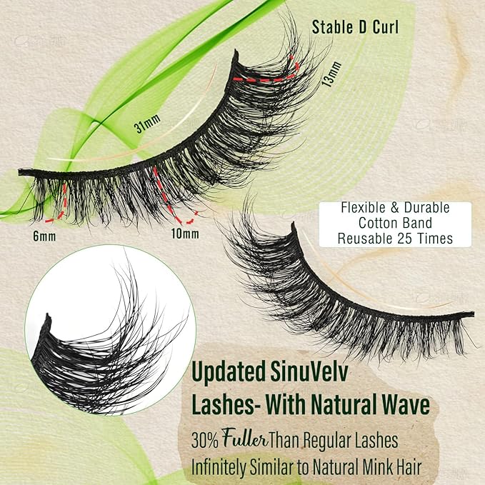 SinuVelve Lashes Natural Look 13mm Super Soft False Strip Lashes,Eco Friendly Wispy Mink Lashes Pack 7 Pairs D Curl,Cat Eye Short Lashes Thin Band,Reusable Wispy Eyelash Light Weight By Hiklasy.