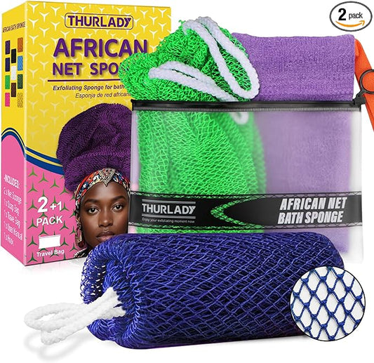 THURLADY African Net Sponge, 2 Pack African Bath Sponge Scrub Net, Gentle Exfoliation for Daily Shower Use, Navy and Green