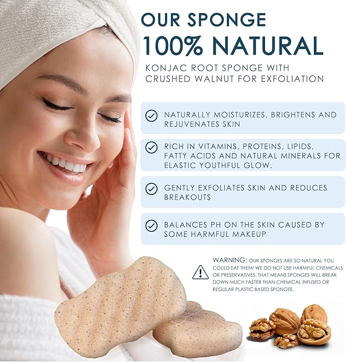 Konjac Sponge Body (2 Pack) Exfoliating Walnut | Microplastic Free 100% Natural | Non-Toxic | Biodegradable | Eco-Friendly | Plastic Free Packaging