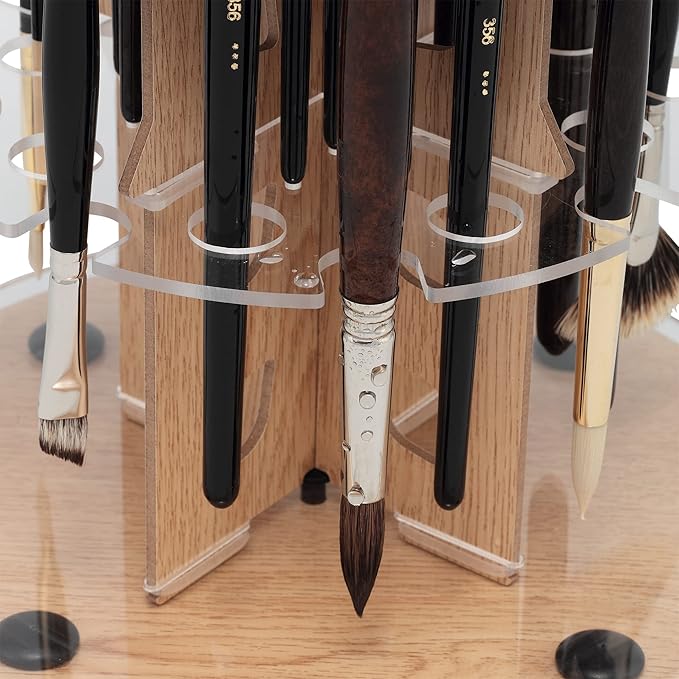 Mezzo Dual Artist Brush Holder and Drying Rack - Rotating Wood Grain Laminate Multi Layer Desk Stand - Professional Storage Display Organizer for Paintbrushes