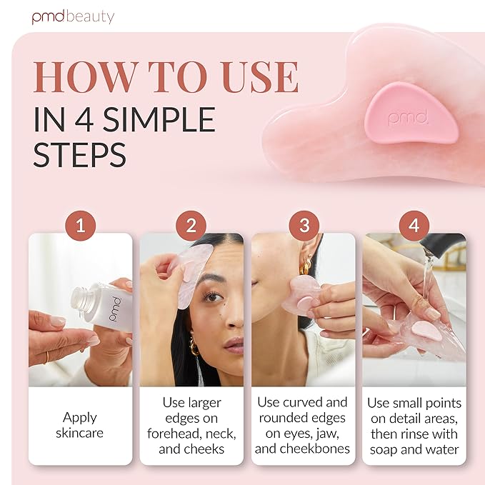 PMD Beauty Gua Sha Facial Tools - Massaging, Sculpting and Depuffing Guasha Tool for Face with Rose Quartz and Silicone Grip - Reduce Tension & Inflammation