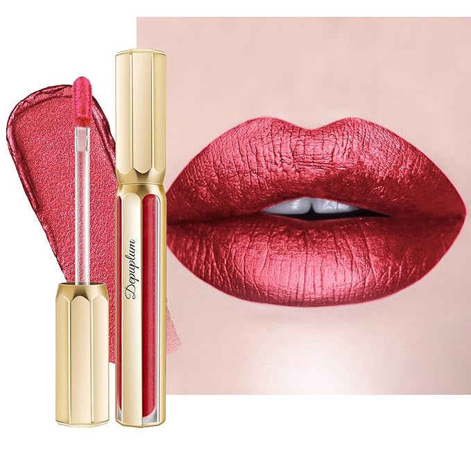 Depuplum Red Lipsticks for Women Metallic Lipstick Long Lasting Non Stick Cup Lip Gloss, Metal Shine Lightweight Hydrating Full Coverage Lip Color, DP105 Red Riot
