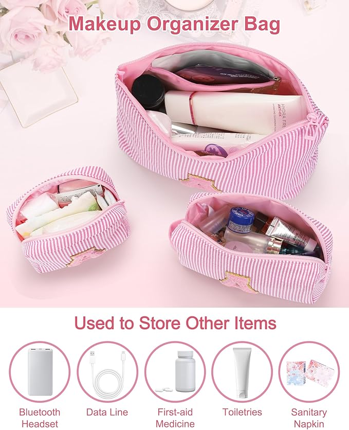 MONSTINA Personalized Initial Makeup Bagfor Women,Make Up Case for Girlfriend Bridesmaid Wife,Birthday Gift for Her Cute Toiletry Bag,3PCS,Pink B