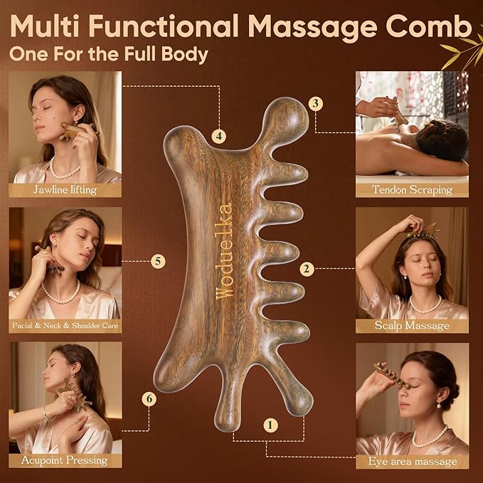 6-in-1 Gua Sha Tool for Face & Body – Green Sandalwood Massage Comb, Lymphatic Drainage, Wooden Scalp Massager, Jaw Lifting & Nose Sculpting, Head Massage Comb for Stress Relief