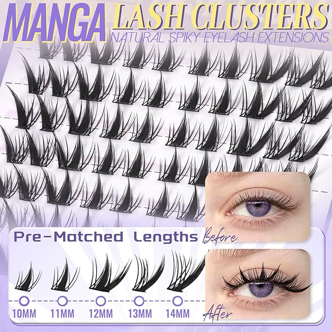 Fyonas Manga Lash Clusters Fox Eye Cluster Lashes Left & Right Fairy Eyelash Clusters Natural Look Spiky Anime Cluster Eyelash Extensions with Thin Band 120Pcs Cat Eye Lashes for Beginners (Manga)