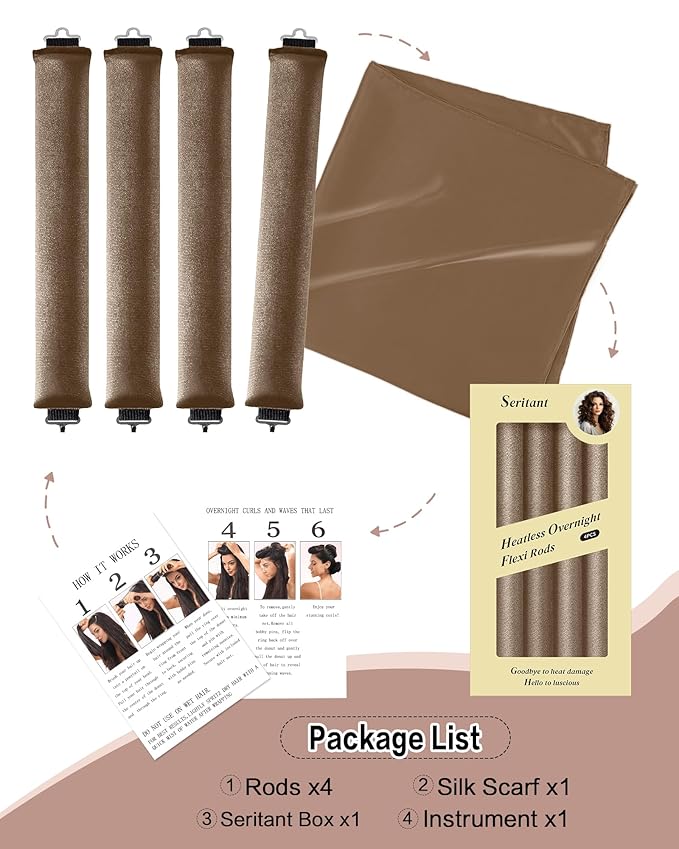 Heatless Curls Overnight Hair Curler - 4 Pcs Curling Rod to Sleep In, Velvet Hair Rollers with Satin Hair Scarf