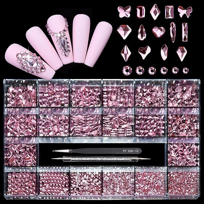 Yzzseven 14 Types of 700 Pink Diamonds + 1500 Flat Rhinestones Mix 20 Styles Flatback DIY Crafts Rhinestone Crystals 3D Ornament‌s Flat Back Stones Set + Tweezers + Drill Pen