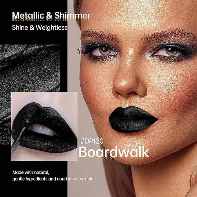 Depuplum Black Lipsticks for Women Metallic Lipstick Long Lasting Non Stick Cup Lip Gloss, Shimmer Lightweight Hydrating Full Coverage Lip Color, DP120 Boardwalk