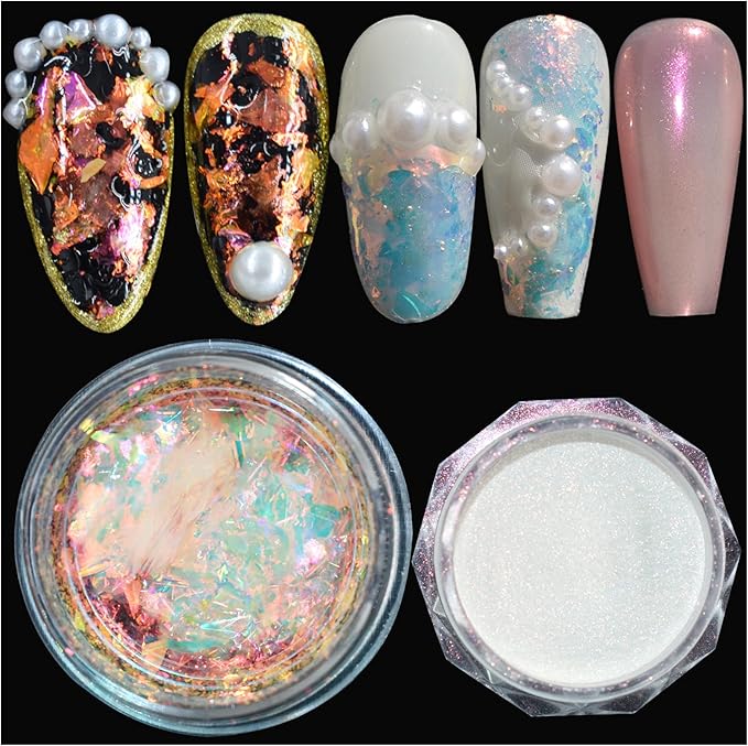 2-Pack Chunky Opal Nail Powder Set - Shimmery Moonlight Nail Art Glitter Powder, Iridescent Chrome Effect,Holographic Iridescent Glitter for 3D Effect Shimmer Pigment Nails Decorations for Nails Art