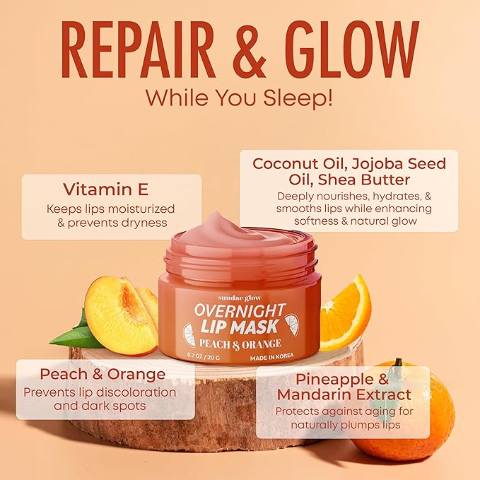 Sundae Glow Lip Mask with Peach & Orange – Hydration, Lip Repair for Dry Cracked Lips & Smoothing – Dermatologist Tested, Korean Lip Care – 95% Natural, Clean Beauty, Cruelty-Free – 1 Pack