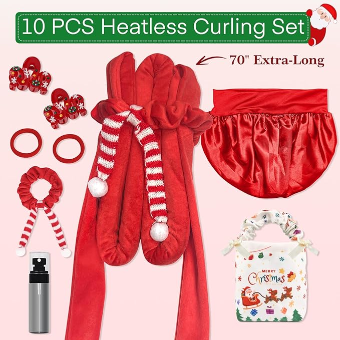 Gwabee 10 PCS Christmas Heatless Curls Overnight Hair Curler, 70" Overnight Curls Hair Curlers to Sleep In with Bonnet for Women Long Hair Volume, Heatless Curling DIY Set - Red