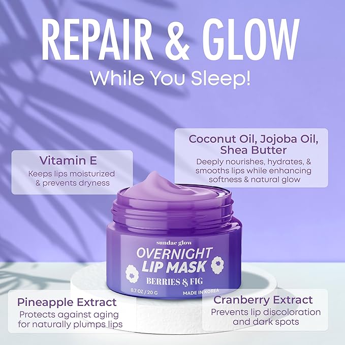 Sundae Glow Lip Mask with Berries & Fig – Overnight Lip Repair, Intense Hydration & Smoothing – Dermatologist Tested, Korean Lip Care – Vegan, Clean Beauty, 95% Natural – 1 Pack