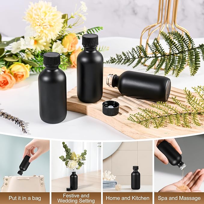 Exlvanto Small Glass Bottles with Lids Boston Round Shot Bottles for Health, Immunity, Ginger Juice, Essential Oils, Potion - Leak Proof Mini Travel Containers (Black Frosted, 2oz-24Pack)