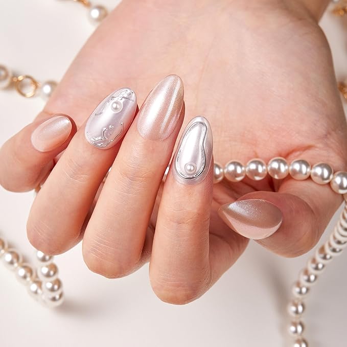 VSALON Press-On Nails Short Almond - 42 PCS Pearl White 3D Metallic Fake Nails for Women, 32 Main Nails in 16 Sizes &10 Champagne Alternative Nails - Reusable Glue on Nails Set with Tool Kit