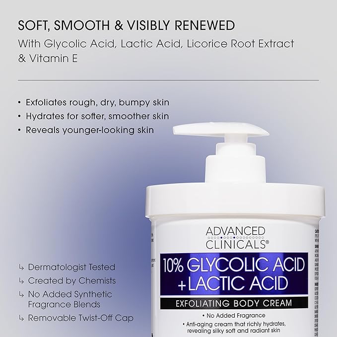 Advanced Clinicals Brightening Vitamin C Body Cream + AHA Exfoliating 10% Glycolic Acid & Lactic Acid Lotion 2PC Skincare Set For Women & Men To Reduce Appearance Of Dark Spots & Uneven Skin Tone