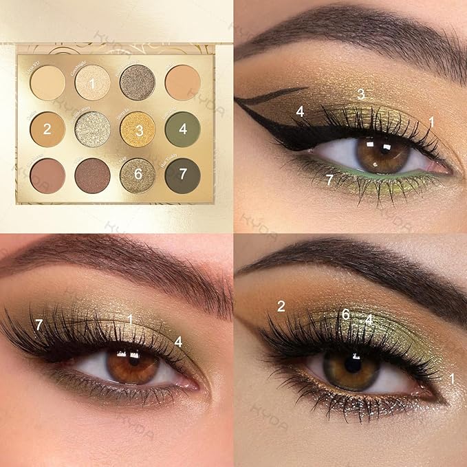 KYDA 12 Colors Olive Green Eyeshadow Palette, Sparkling Reflective Green Bronzer Eyeshadow, Matte Olive Ginger Nude Eyes Shadow, Smooth Blendable Powder, Smokey Eyes Makeup
