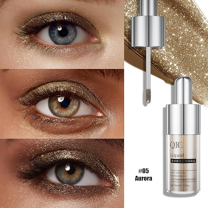 QIC Liquid Glitter Eyeshadow, Metallic & Shimmer Finish, Long Lasting, Non-Creasing, Smudge-proof, Lightweight Formula Liquid Eyeshadow for All Skin Tones, Buildable Color (05 Aurora)
