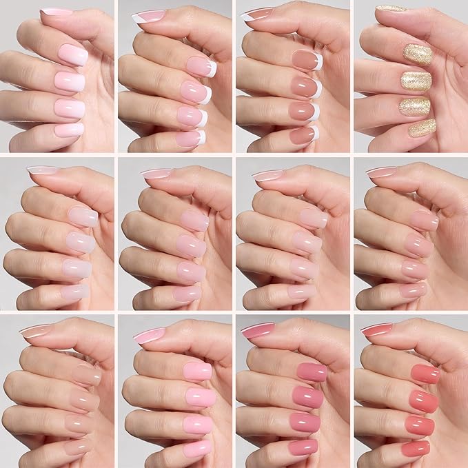 Beetles Press On Nails Kit - Caramel Drift | 360Pcs 12 Colors Short Square Press On Nails | 15 Sizes French Glossy Glitter Jelly With Nail Glue & Nail Tabs Stickers, Fake Nails Kit Art For Women
