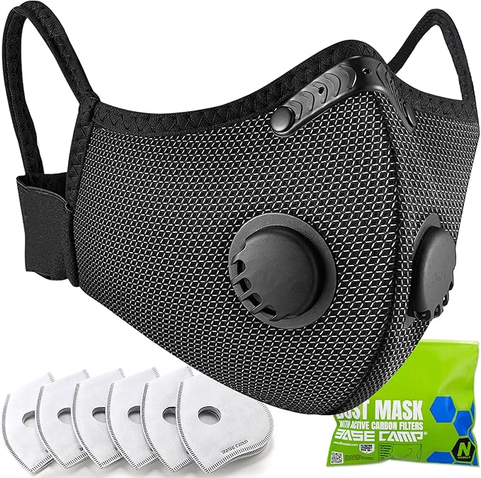 BASE CAMP Silver and Black Upgrade M Plus Dust Mask, Reusable Respirator Face Mask with 6 Activated Carbon Filters, Safety Work Masks for Woodworking, Construction, Yard Lawn Paint, Dust