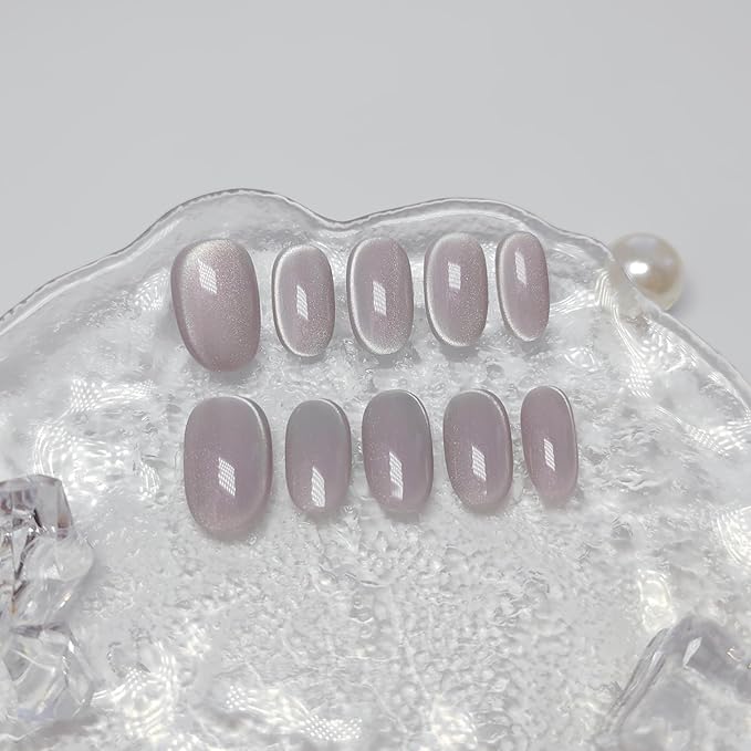 Cat Eye Press on Nails Handmade Short Oval/Square/Round False Nails with French Tip/Aurora/Magnetic Shimmer Designs (Side#Perfumer M)
